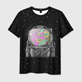 Мужская футболка 3D с принтом Цветочный астонавт в Тюмени, 100% полиэфир | прямой крой, круглый вырез горловины, длина до линии бедер | astronaut | cosmonaut | cosmos | galaxy | planet | space | star | астронавт | галактика | звезды | космонавт | космос | планета | скафандр | цветы