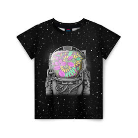 Детская футболка 3D с принтом Цветочный астонавт в Тюмени, 100% гипоаллергенный полиэфир | прямой крой, круглый вырез горловины, длина до линии бедер, чуть спущенное плечо, ткань немного тянется | astronaut | cosmonaut | cosmos | galaxy | planet | space | star | астронавт | галактика | звезды | космонавт | космос | планета | скафандр | цветы