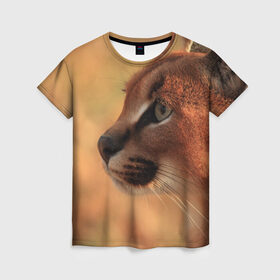 Женская футболка 3D с принтом Рысь в Тюмени, 100% полиэфир ( синтетическое хлопкоподобное полотно) | прямой крой, круглый вырез горловины, длина до линии бедер | амурский | животные | киса | кот | котенок | кошка | пума | рысь | серый | тигр | хищник