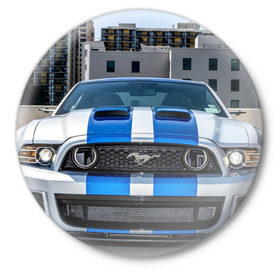 Значок с принтом Ford Shelby в Тюмени,  металл | круглая форма, металлическая застежка в виде булавки | Тематика изображения на принте: ford | mustang | shelby | авто | автомобили | машины | новинки | полоски | фары | форд