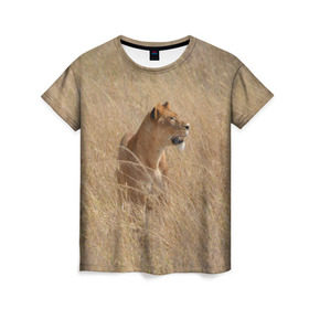 Женская футболка 3D с принтом Львица в траве в Тюмени, 100% полиэфир ( синтетическое хлопкоподобное полотно) | прямой крой, круглый вырез горловины, длина до линии бедер | амурский | животные | киса | кот | котенок | кошка | лев | львица | пума | рысь | серый | тигр | хищник