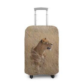 Чехол для чемодана 3D с принтом Львица в траве в Тюмени, 86% полиэфир, 14% спандекс | двустороннее нанесение принта, прорези для ручек и колес | амурский | животные | киса | кот | котенок | кошка | лев | львица | пума | рысь | серый | тигр | хищник