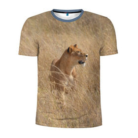 Мужская футболка 3D спортивная с принтом Львица в траве в Тюмени, 100% полиэстер с улучшенными характеристиками | приталенный силуэт, круглая горловина, широкие плечи, сужается к линии бедра | Тематика изображения на принте: амурский | животные | киса | кот | котенок | кошка | лев | львица | пума | рысь | серый | тигр | хищник
