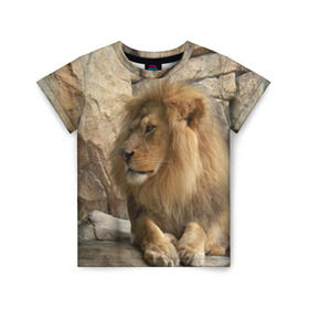 Детская футболка 3D с принтом Лев в Тюмени, 100% гипоаллергенный полиэфир | прямой крой, круглый вырез горловины, длина до линии бедер, чуть спущенное плечо, ткань немного тянется | Тематика изображения на принте: амурский | животные | киса | кот | котенок | кошка | лев | львица | пума | рысь | серый | тигр | хищник