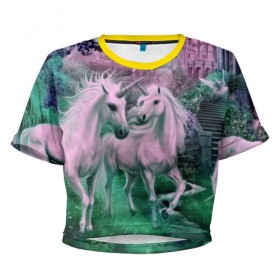 Женская футболка 3D укороченная с принтом Единорог в Тюмени, 100% полиэстер | круглая горловина, длина футболки до линии талии, рукава с отворотами | единорог | лошадь | сказка | фантастика