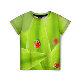Детская футболка 3D с принтом Жучки на травке в Тюмени, 100% гипоаллергенный полиэфир | прямой крой, круглый вырез горловины, длина до линии бедер, чуть спущенное плечо, ткань немного тянется | жук | зеленый | зелень | красный | насекомые | природа
