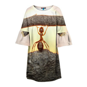 Детское платье 3D с принтом Муравей в Тюмени, 100% полиэстер | прямой силуэт, чуть расширенный к низу. Круглая горловина, на рукавах — воланы | Тематика изображения на принте: ветка | жук | закат | камень | муравей | насекомые | природа