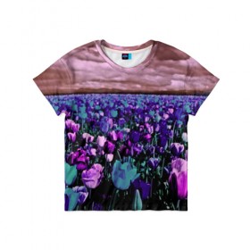 Детская футболка 3D с принтом Поле тюльпанов в Тюмени, 100% гипоаллергенный полиэфир | прямой крой, круглый вырез горловины, длина до линии бедер, чуть спущенное плечо, ткань немного тянется | Тематика изображения на принте: flower | весна | поле | полевой цветок | природа | цветочки | цветы
