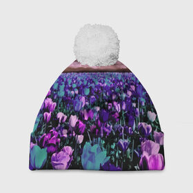 Шапка 3D c помпоном с принтом Поле тюльпанов в Тюмени, 100% полиэстер | универсальный размер, печать по всей поверхности изделия | flower | весна | поле | полевой цветок | природа | цветочки | цветы