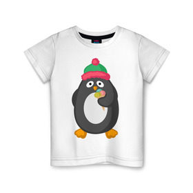 Детская футболка хлопок с принтом Пингвин с мороженым в Тюмени, 100% хлопок | круглый вырез горловины, полуприлегающий силуэт, длина до линии бедер | животные | милые животные | мороженое | пингвин | прикольные животные