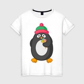 Женская футболка хлопок с принтом Пингвин с мороженым в Тюмени, 100% хлопок | прямой крой, круглый вырез горловины, длина до линии бедер, слегка спущенное плечо | животные | милые животные | мороженое | пингвин | прикольные животные