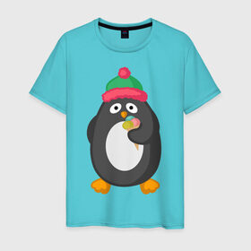 Мужская футболка хлопок с принтом Пингвин с мороженым в Тюмени, 100% хлопок | прямой крой, круглый вырез горловины, длина до линии бедер, слегка спущенное плечо. | животные | милые животные | мороженое | пингвин | прикольные животные