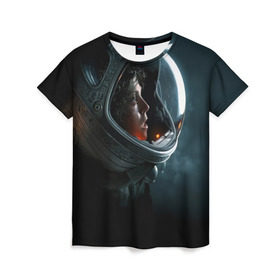 Женская футболка 3D с принтом Девушка космонавт в Тюмени, 100% полиэфир ( синтетическое хлопкоподобное полотно) | прямой крой, круглый вырез горловины, длина до линии бедер | alien | космос | рипли | скафандр | чужой