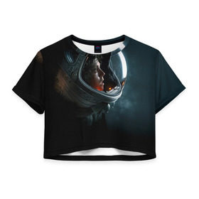 Женская футболка 3D укороченная с принтом Девушка космонавт в Тюмени, 100% полиэстер | круглая горловина, длина футболки до линии талии, рукава с отворотами | alien | космос | рипли | скафандр | чужой