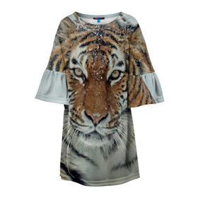 Детское платье 3D с принтом Тигр в Тюмени, 100% полиэстер | прямой силуэт, чуть расширенный к низу. Круглая горловина, на рукавах — воланы | Тематика изображения на принте: амурский | животные | зверь | киса | кот | котенок | кошка | тигр | хищник