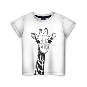Детская футболка 3D с принтом Жираф в Тюмени, 100% гипоаллергенный полиэфир | прямой крой, круглый вырез горловины, длина до линии бедер, чуть спущенное плечо, ткань немного тянется | арт | взгляд | глаза | животные | жираф | прикольные