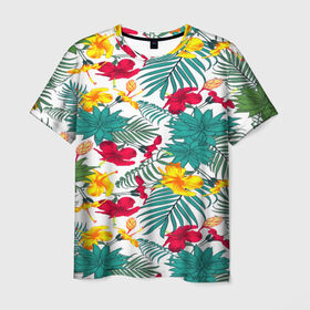 Мужская футболка 3D с принтом Тропический узор в Тюмени, 100% полиэфир | прямой крой, круглый вырез горловины, длина до линии бедер | Тематика изображения на принте: flower | тропики | тропический p | цветочки | цветы