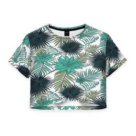 Женская футболка 3D укороченная с принтом Tropical в Тюмени, 100% полиэстер | круглая горловина, длина футболки до линии талии, рукава с отворотами | flower | тропики | тропический | цветы