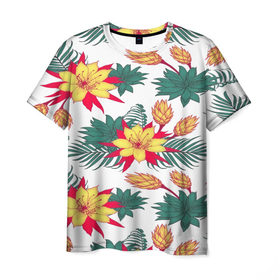 Мужская футболка 3D с принтом Tropical Pattern в Тюмени, 100% полиэфир | прямой крой, круглый вырез горловины, длина до линии бедер | Тематика изображения на принте: flower | поле | тропики | тропический | цветочки | цветы