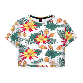 Женская футболка 3D укороченная с принтом Tropical Pattern в Тюмени, 100% полиэстер | круглая горловина, длина футболки до линии талии, рукава с отворотами | flower | поле | тропики | тропический | цветочки | цветы