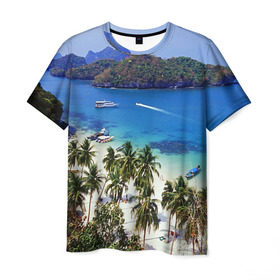 Мужская футболка 3D с принтом Таиланд в Тюмени, 100% полиэфир | прямой крой, круглый вырез горловины, длина до линии бедер | Тематика изображения на принте: beach | clouds | islands | palm trees | people | sand | sea | ships | sky | thailand | tourism | корабли | люди | море | небо | облака | острова | пальмы | песок | пляж | таиланд | туризм