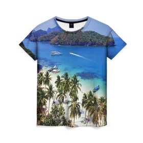 Женская футболка 3D с принтом Таиланд в Тюмени, 100% полиэфир ( синтетическое хлопкоподобное полотно) | прямой крой, круглый вырез горловины, длина до линии бедер | beach | clouds | islands | palm trees | people | sand | sea | ships | sky | thailand | tourism | корабли | люди | море | небо | облака | острова | пальмы | песок | пляж | таиланд | туризм