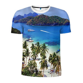 Мужская футболка 3D спортивная с принтом Таиланд в Тюмени, 100% полиэстер с улучшенными характеристиками | приталенный силуэт, круглая горловина, широкие плечи, сужается к линии бедра | Тематика изображения на принте: beach | clouds | islands | palm trees | people | sand | sea | ships | sky | thailand | tourism | корабли | люди | море | небо | облака | острова | пальмы | песок | пляж | таиланд | туризм
