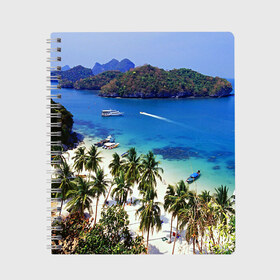 Тетрадь с принтом Таиланд в Тюмени, 100% бумага | 48 листов, плотность листов — 60 г/м2, плотность картонной обложки — 250 г/м2. Листы скреплены сбоку удобной пружинной спиралью. Уголки страниц и обложки скругленные. Цвет линий — светло-серый
 | beach | clouds | islands | palm trees | people | sand | sea | ships | sky | thailand | tourism | корабли | люди | море | небо | облака | острова | пальмы | песок | пляж | таиланд | туризм