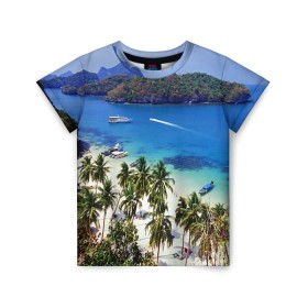 Детская футболка 3D с принтом Таиланд в Тюмени, 100% гипоаллергенный полиэфир | прямой крой, круглый вырез горловины, длина до линии бедер, чуть спущенное плечо, ткань немного тянется | Тематика изображения на принте: beach | clouds | islands | palm trees | people | sand | sea | ships | sky | thailand | tourism | корабли | люди | море | небо | облака | острова | пальмы | песок | пляж | таиланд | туризм