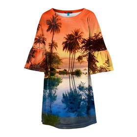 Детское платье 3D с принтом Таиланд в Тюмени, 100% полиэстер | прямой силуэт, чуть расширенный к низу. Круглая горловина, на рукавах — воланы | Тематика изображения на принте: beach | clouds | hiking | sea | sky | sunset | swimming pool | thailand | бассейн | закат | море | небо | облака | пляж | таиланд | туризм