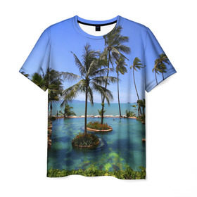Мужская футболка 3D с принтом Таиланд в Тюмени, 100% полиэфир | прямой крой, круглый вырез горловины, длина до линии бедер | clouds | hiking | sea | sky | swimming pool | thailand | trees | бассейн | море | небо | облака | пальмы | таиланд | туризм