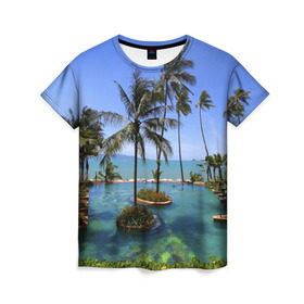 Женская футболка 3D с принтом Таиланд в Тюмени, 100% полиэфир ( синтетическое хлопкоподобное полотно) | прямой крой, круглый вырез горловины, длина до линии бедер | clouds | hiking | sea | sky | swimming pool | thailand | trees | бассейн | море | небо | облака | пальмы | таиланд | туризм