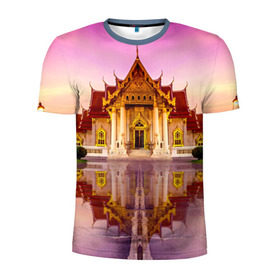 Мужская футболка 3D спортивная с принтом Таиланд в Тюмени, 100% полиэстер с улучшенными характеристиками | приталенный силуэт, круглая горловина, широкие плечи, сужается к линии бедра | Тематика изображения на принте: landmark | reflection | temple | thailand | tourism | water | вода | достопримечательность | отражение | таиланд | туризм | храм