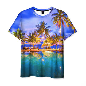 Мужская футболка 3D с принтом Таиланд в Тюмени, 100% полиэфир | прямой крой, круглый вырез горловины, длина до линии бедер | clouds | pool | reflection | sea | sky | sunset | thailand | tourism | trees | water | бассейн | вода | закат | море | небо | облака | отражение | пальмы | таиланд | туризм
