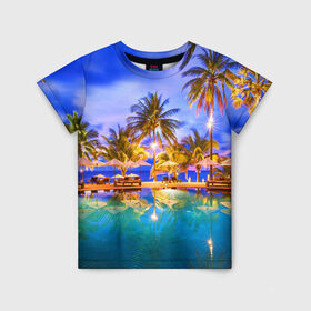 Детская футболка 3D с принтом Таиланд в Тюмени, 100% гипоаллергенный полиэфир | прямой крой, круглый вырез горловины, длина до линии бедер, чуть спущенное плечо, ткань немного тянется | clouds | pool | reflection | sea | sky | sunset | thailand | tourism | trees | water | бассейн | вода | закат | море | небо | облака | отражение | пальмы | таиланд | туризм
