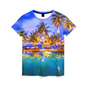 Женская футболка 3D с принтом Таиланд в Тюмени, 100% полиэфир ( синтетическое хлопкоподобное полотно) | прямой крой, круглый вырез горловины, длина до линии бедер | clouds | pool | reflection | sea | sky | sunset | thailand | tourism | trees | water | бассейн | вода | закат | море | небо | облака | отражение | пальмы | таиланд | туризм