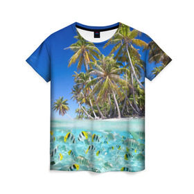 Женская футболка 3D с принтом Таиланд в Тюмени, 100% полиэфир ( синтетическое хлопкоподобное полотно) | прямой крой, круглый вырез горловины, длина до линии бедер | clouds | fish | nature | palm trees | sea | sky | thailand | tourism | water | вода | море | небо | облака | пальмы | природа | рыбки | таиланд | туризм