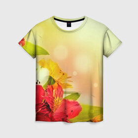 Женская футболка 3D с принтом Лилия в Тюмени, 100% полиэфир ( синтетическое хлопкоподобное полотно) | прямой крой, круглый вырез горловины, длина до линии бедер | flower | красные | цветочки | цветы