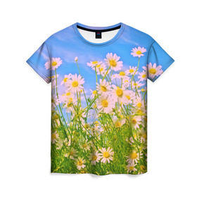Женская футболка 3D с принтом Ромашка в Тюмени, 100% полиэфир ( синтетическое хлопкоподобное полотно) | прямой крой, круглый вырез горловины, длина до линии бедер | flower | лето | полевой цветок | цветочки | цветы