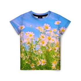 Детская футболка 3D с принтом Ромашка в Тюмени, 100% гипоаллергенный полиэфир | прямой крой, круглый вырез горловины, длина до линии бедер, чуть спущенное плечо, ткань немного тянется | flower | лето | полевой цветок | цветочки | цветы