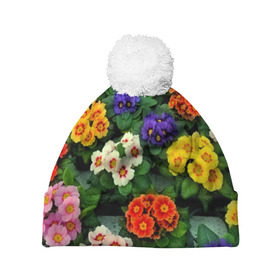 Шапка 3D c помпоном с принтом Фиалки в Тюмени, 100% полиэстер | универсальный размер, печать по всей поверхности изделия | flower | лето | поле | полевой цветок | цветочки | цветы