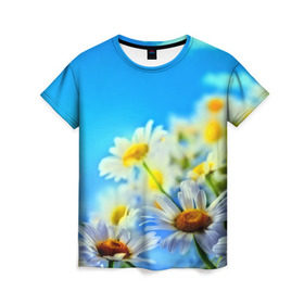Женская футболка 3D с принтом Ромашка полевая в Тюмени, 100% полиэфир ( синтетическое хлопкоподобное полотно) | прямой крой, круглый вырез горловины, длина до линии бедер | flower | лето | поле | полевой цветок | цветочки | цветы