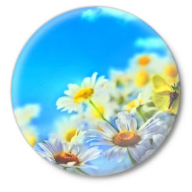 Значок с принтом Ромашка полевая в Тюмени,  металл | круглая форма, металлическая застежка в виде булавки | flower | лето | поле | полевой цветок | цветочки | цветы