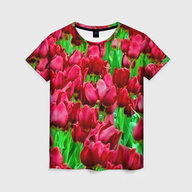 Женская футболка 3D с принтом Поле цветов в Тюмени, 100% полиэфир ( синтетическое хлопкоподобное полотно) | прямой крой, круглый вырез горловины, длина до линии бедер | flower | весна | красные | цветочки | цветы
