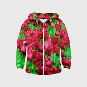 Детская ветровка 3D с принтом Поле цветов в Тюмени, 100% полиэстер | подол и капюшон оформлены резинкой с фиксаторами, по бокам два кармана без застежек, один потайной карман на груди | flower | весна | красные | цветочки | цветы