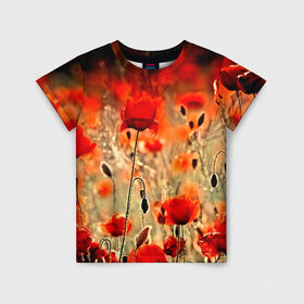 Детская футболка 3D с принтом Маковое поле в Тюмени, 100% гипоаллергенный полиэфир | прямой крой, круглый вырез горловины, длина до линии бедер, чуть спущенное плечо, ткань немного тянется | Тематика изображения на принте: flower | красные | лето | поле | полевой цветок | цветочки | цветы