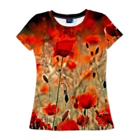 Женская футболка 3D с принтом Маковое поле в Тюмени, 100% полиэфир ( синтетическое хлопкоподобное полотно) | прямой крой, круглый вырез горловины, длина до линии бедер | Тематика изображения на принте: flower | красные | лето | поле | полевой цветок | цветочки | цветы