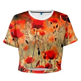 Женская футболка 3D укороченная с принтом Маковое поле в Тюмени, 100% полиэстер | круглая горловина, длина футболки до линии талии, рукава с отворотами | Тематика изображения на принте: flower | красные | лето | поле | полевой цветок | цветочки | цветы