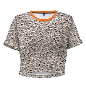 Женская футболка 3D укороченная с принтом Черепа с бантиками в Тюмени, 100% полиэстер | круглая горловина, длина футболки до линии талии, рукава с отворотами | бант | бантик | кости | пират | пиратский | розовый | скелет | череп | эмо