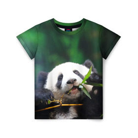 Детская футболка 3D с принтом Панда на ветке в Тюмени, 100% гипоаллергенный полиэфир | прямой крой, круглый вырез горловины, длина до линии бедер, чуть спущенное плечо, ткань немного тянется | животные | лес | медведь | медвежонок | панда | природа